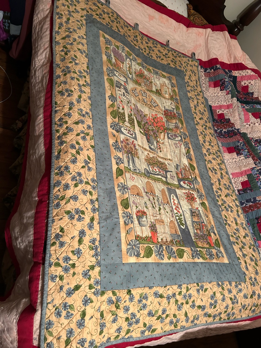Handmade Wall Hanging Floral Quilt, printed garden